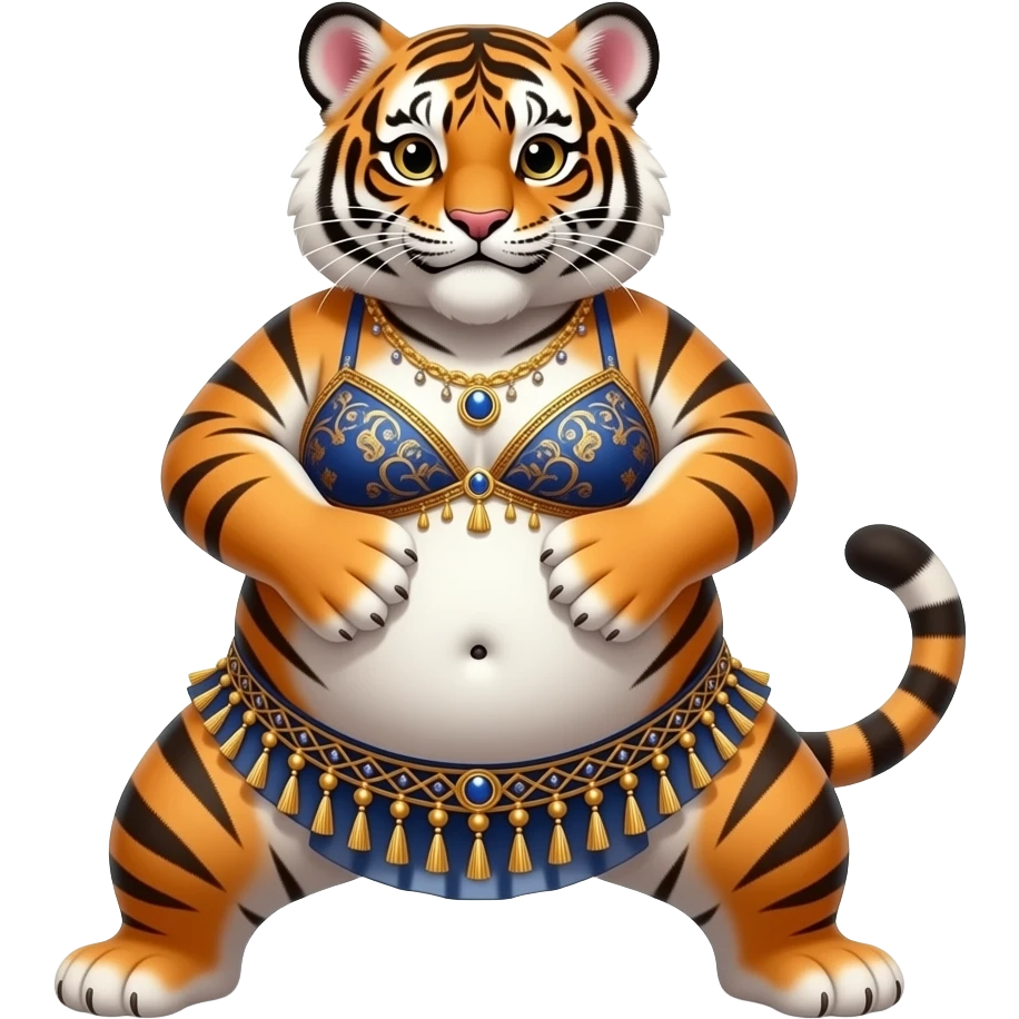 A chubby female tiger cub belly dancer,after a hefty brunch meal she is full & fat,Starting off with a stretch routine,she sticks out her plump tummy as far forward and downward as possible she can,then plays a slapping sound game on her fat tummy like drum solo,her bellybutton is poking out. emoji