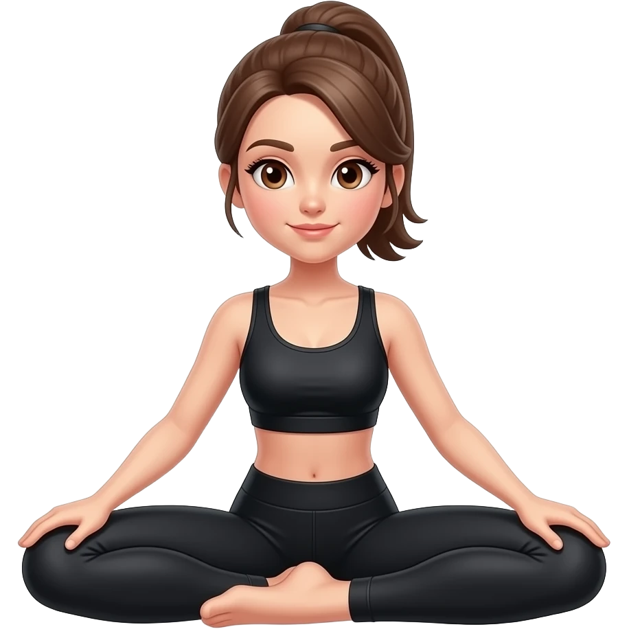 Girl dancers wearing black workout clothes, with brown hair brown eyes and  in ponytail, doing the middle split emoji