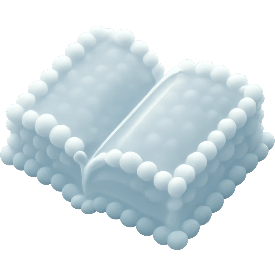 top view of a thick open book made entirely of small, very bright white fluffy convex clouds, matte glass style emoji