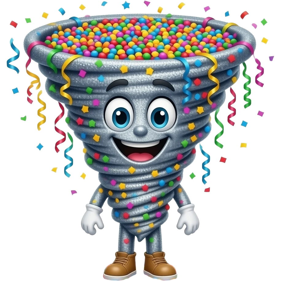 A full-body mascot shaped like a towering tornado of glitter, confetti, and bright tinsel that never scatters. emoji