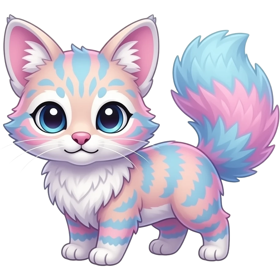 Cute kawaii cool edgy badass pastel cotton-candy pink-blue-purple gradient fluffy fur fantasy-civet-genet-vernid-Cacomistle-Trico-oncilla-Eevee-animal-Fakémon-hybrid-fursona (full body), facial markings, (realism style) emoji