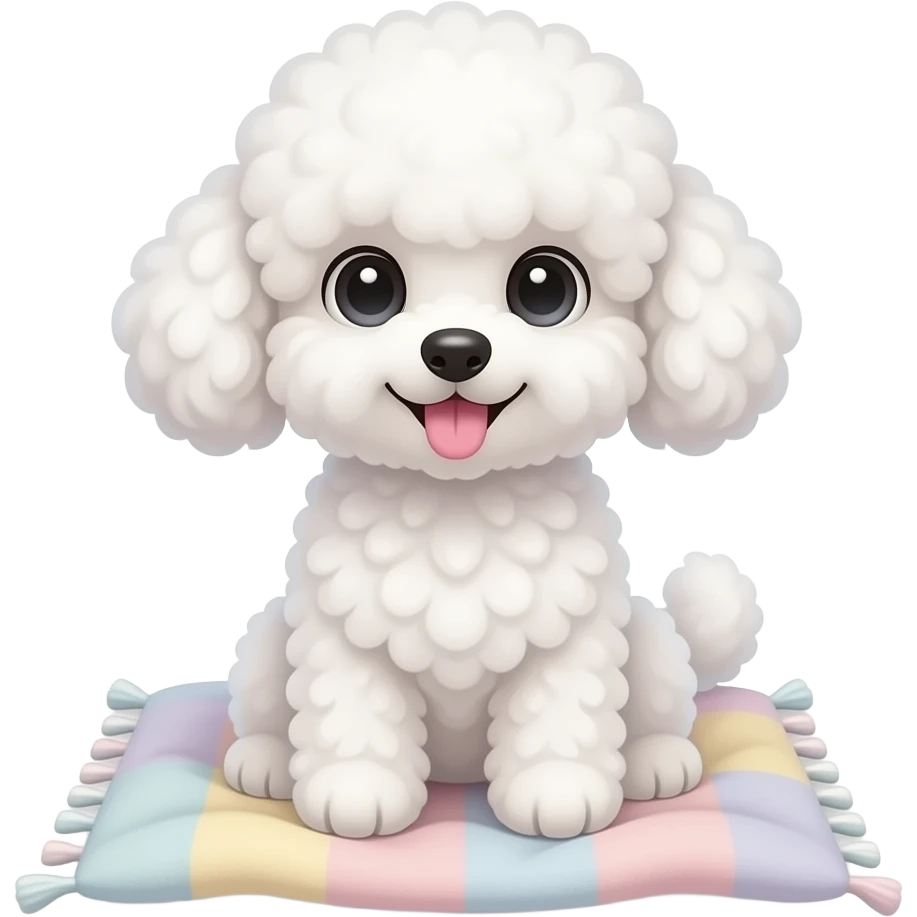 A cute fluffy white toy poodle sitting on a soft pastel blanket, huge sparkling eyes, curly fluffy fur, tiny pink tongue sticking out, cozy warm lighting, ultra adorable expression, detailed fur texture, soft shadows, kawaii aesthetic, high quality, centered composition and with Giant Puppy eyes emoji
