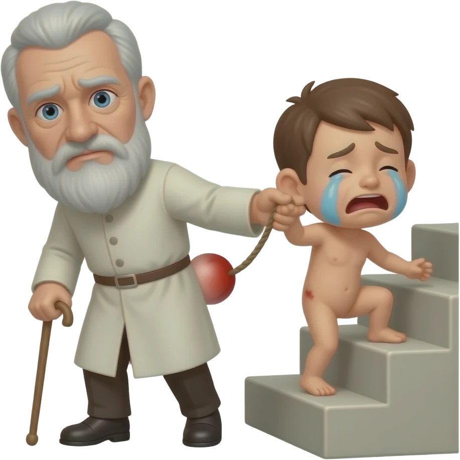 A stern clothed man with a thin cane is dragging a small, crying, naked man up a flight of stairs by the ear, his red buttocks are very bruised. emoji