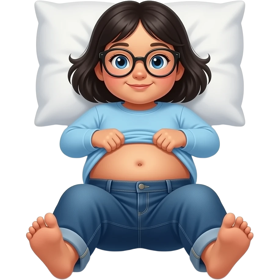 Obese Hispanic little girl with black hair and blue eyes rounded black glasses plain light blue long sleeve shirt and dark blue baggy jeans and belly button laying down on her pillow on her bed showing her feet lifting her shirt all the way up emoji