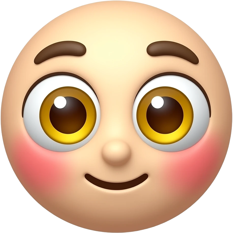 빨간 얼굴의 홍조를 하고 있는 노란 눈알   갈색 동공의 귀여운 만화 입체적 이모티콘 emoji