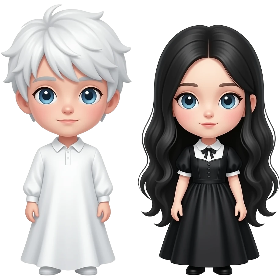 same exact cute 3D ghost couple emoji, looking slightly down, white ghost boy and gothic ghost girl, kawaii style, glossy 3D emoji render, only camera angle changes, same character identity, same proportions, same colors emoji