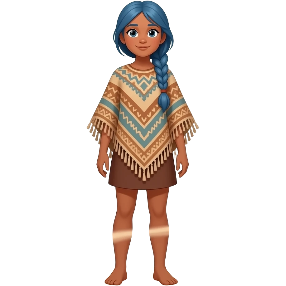 A chibi girl from a high-altitude canyon, full body, layered terracotta-clay skin, wearing a poncho woven from desert grass, with a cool effect of a tiny dust-devil spinning like a top under her feet, and braided sky-blue hair. emoji