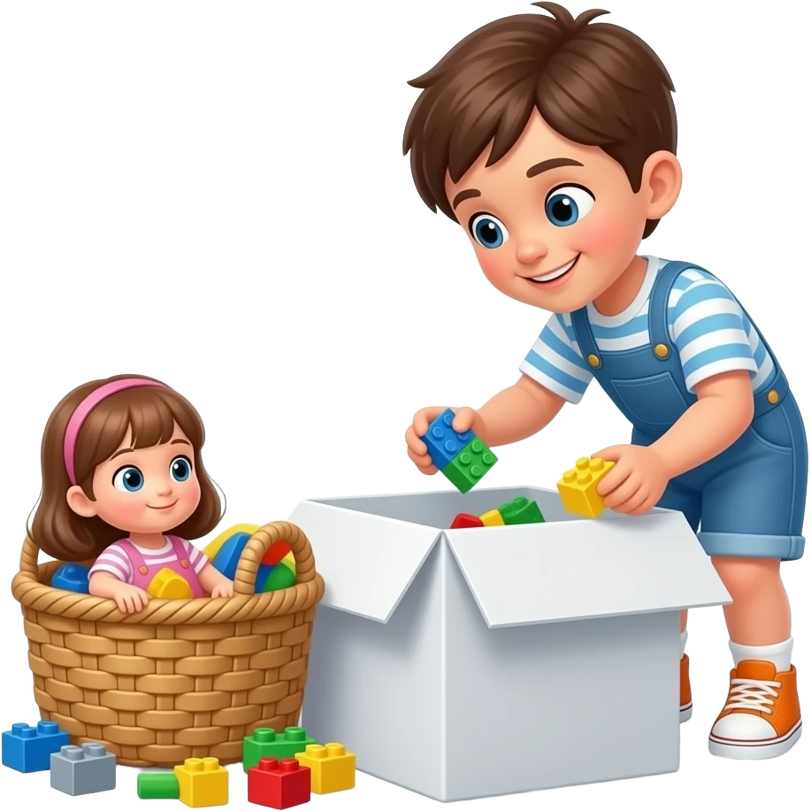 putting in toys in white box, tidy up after play. in the basket there is a doll, lego and some other toys emoji
