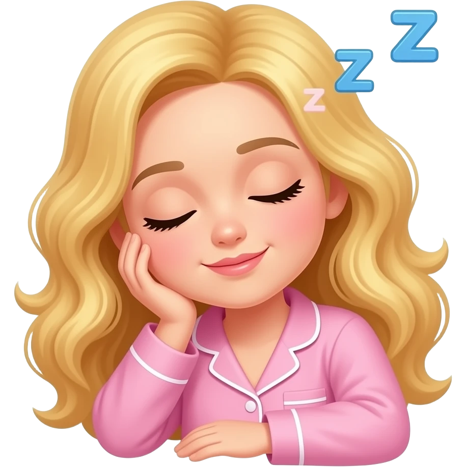 Menina loira de acbelo ondulado dormindo com a mao nno rosto de pijama da vs rosa bb com zzz de sono saindo da sua cabeça emoji