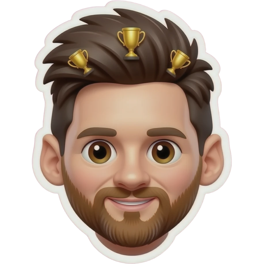Create a 3D chibi Messi emoji sticker, glossy cartoon style, pink background, consistent Messi design, no text, three tiny golden trophies hidden inside hair details emoji