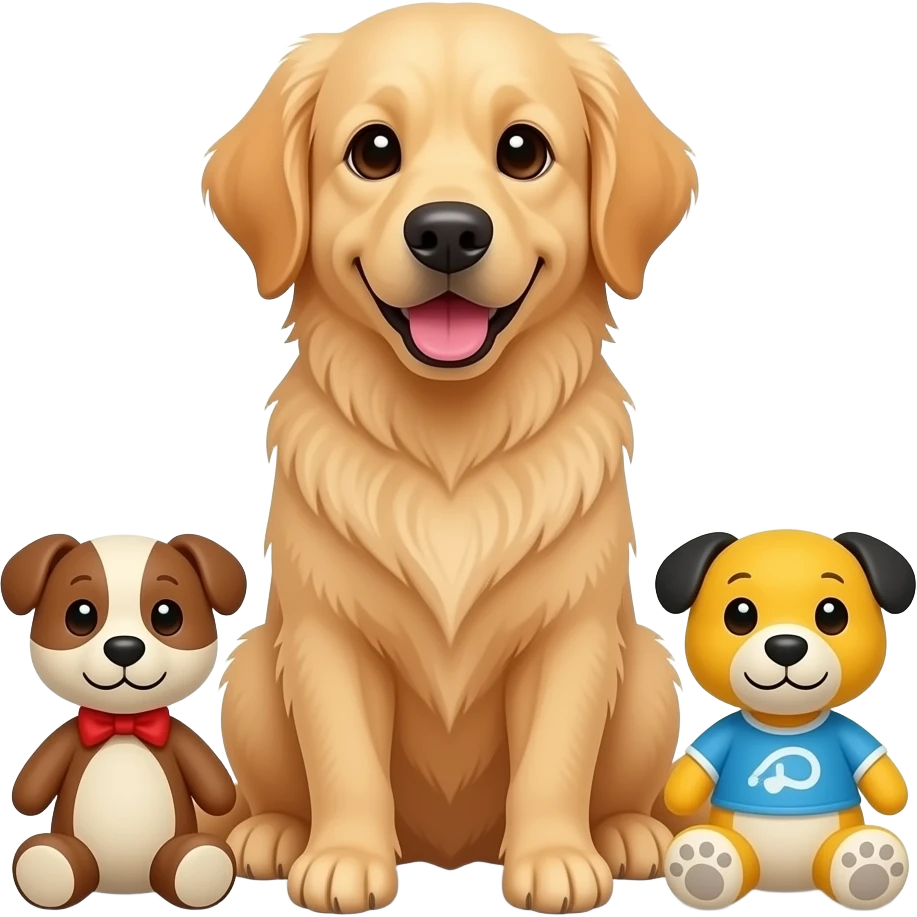The golden sits between its two favorite toys. emoji