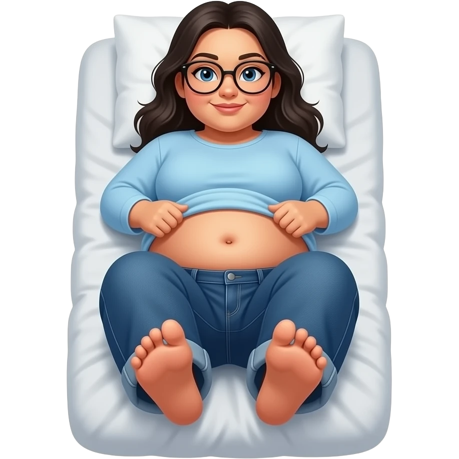 Obese Hispanic woman with black hair and blue eyes rounded black glasses plain light blue long sleeve shirt and dark blue baggy jeans and belly button laying down on her pillow on her bed showing her feet lifting her shirt all the way up emoji