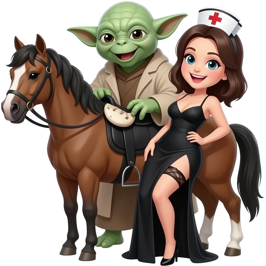 6 foot tall Yoda standing behind a pony  tailed nurse smiling with open mouth, wearing a garter belt, long black dress.Nurse  has DD breasts slit down side of dress bending g over lap emoji