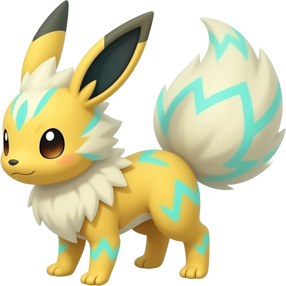 Yellow Zorua-Fennekin-Manectric-Vaporeon-Fakémon-hybrid with glowing neon cyan markings emoji