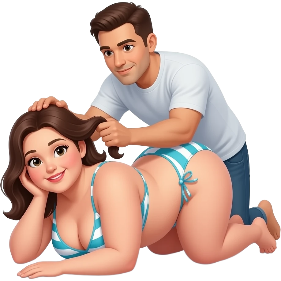 Thick Woman in bikini laying on her knee and hands and head on on the floor with man behind grabbing hier hair emoji