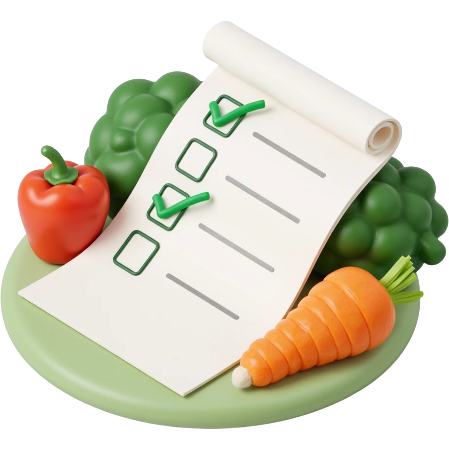 floating rolled paper list with green checkboxes and around vegetables emoji