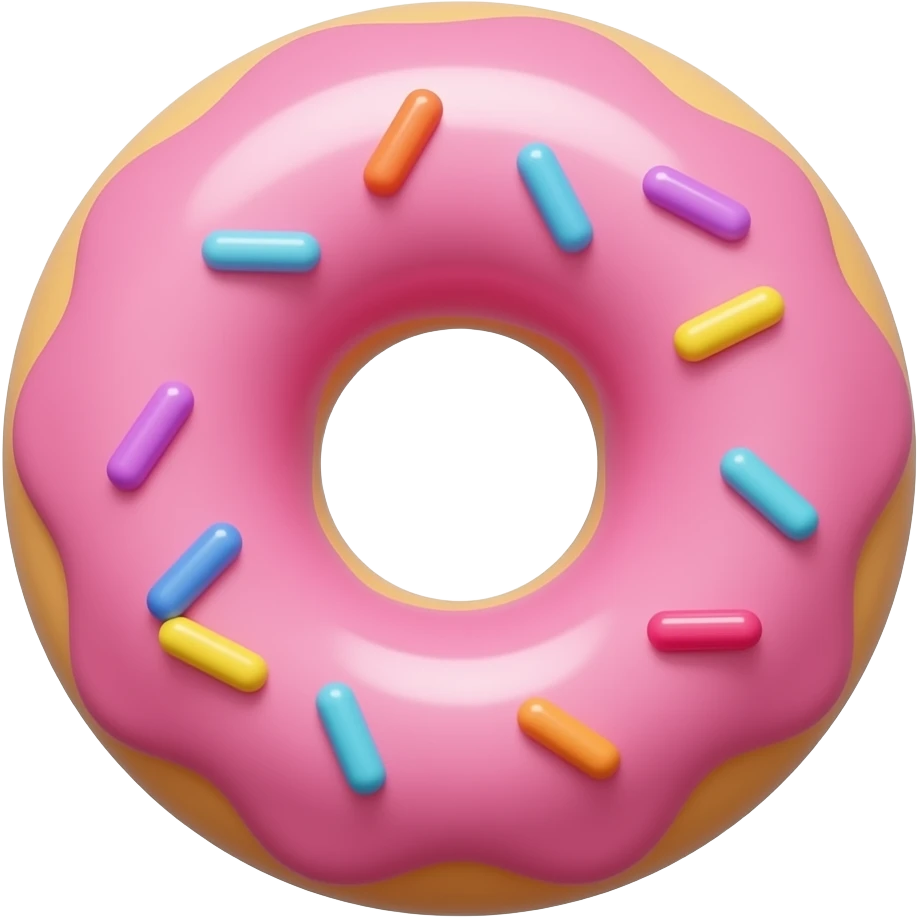 3D emoji style classic donut, ring-shaped donut glazed with 
pink strawberry frosting and colorful rainbow sprinkles on top, 
Apple emoji aesthetic, soft highlights, 
transparent background, bold simple shapes emoji