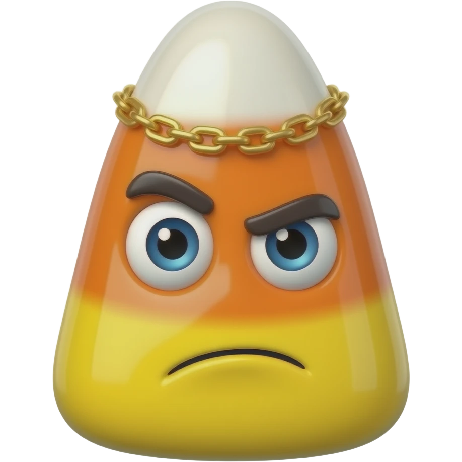 “3D candy-corn character with a smug human expression, raised eyebrow ...