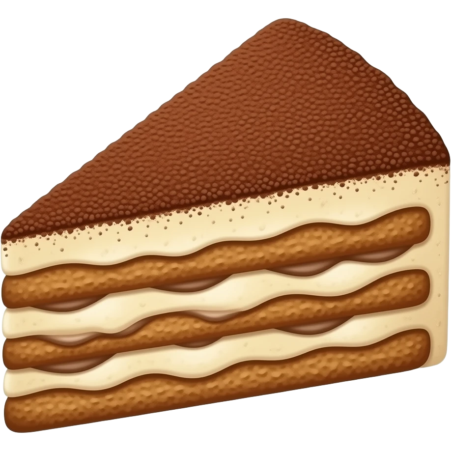 A triangular piece of tiramisu with alternating layers of coffee-soaked ladyfingers and creamy filling, topped with textured cocoa powder dusting, soft 3D lighting, isometric vector art, simple composition, studio lighting, no text, no plate, no utensils, no shadows on edges emoji