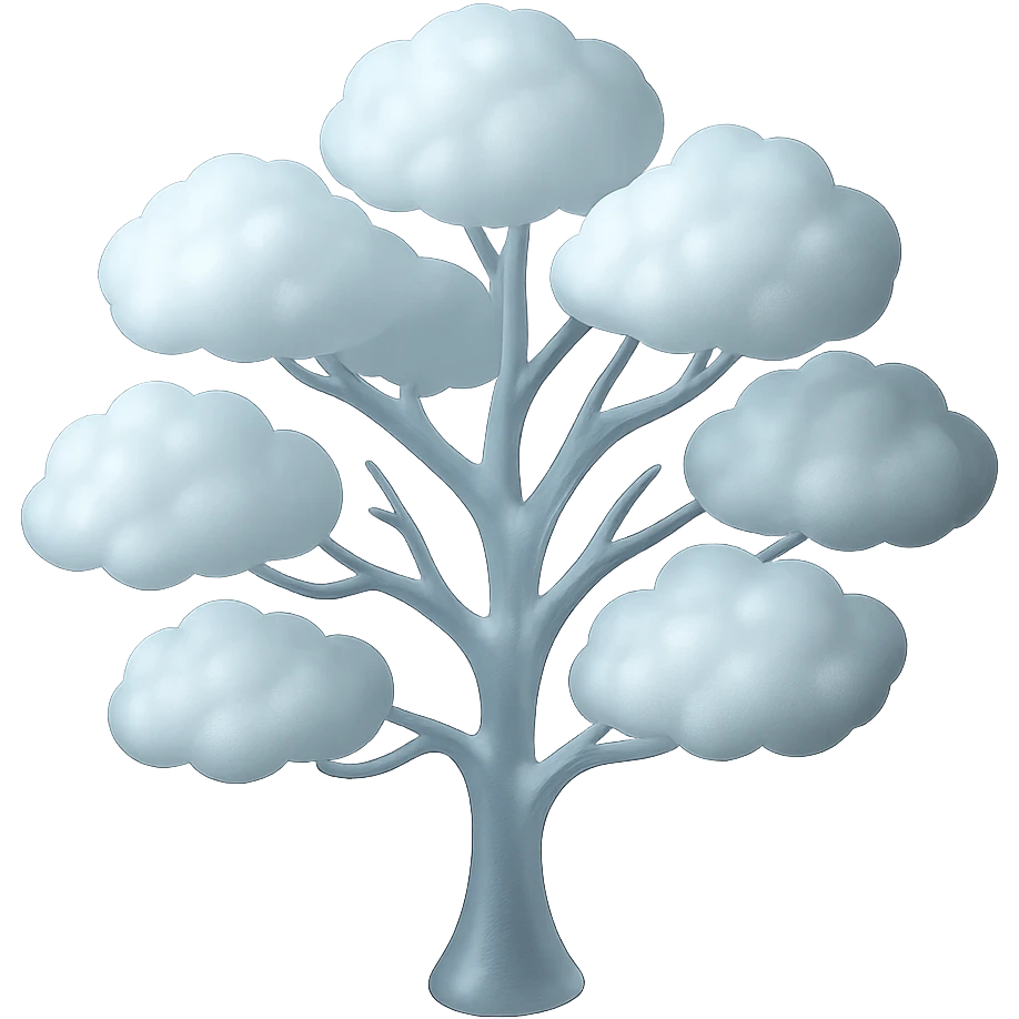 one tree with many branches and a white trunk, crown made of small very bright white fluffy convex clouds, matte glass style emoji