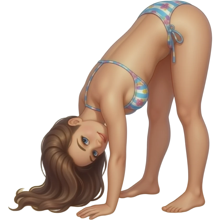 beach girl with 2 piece bikini and bra bending over backwards emoji