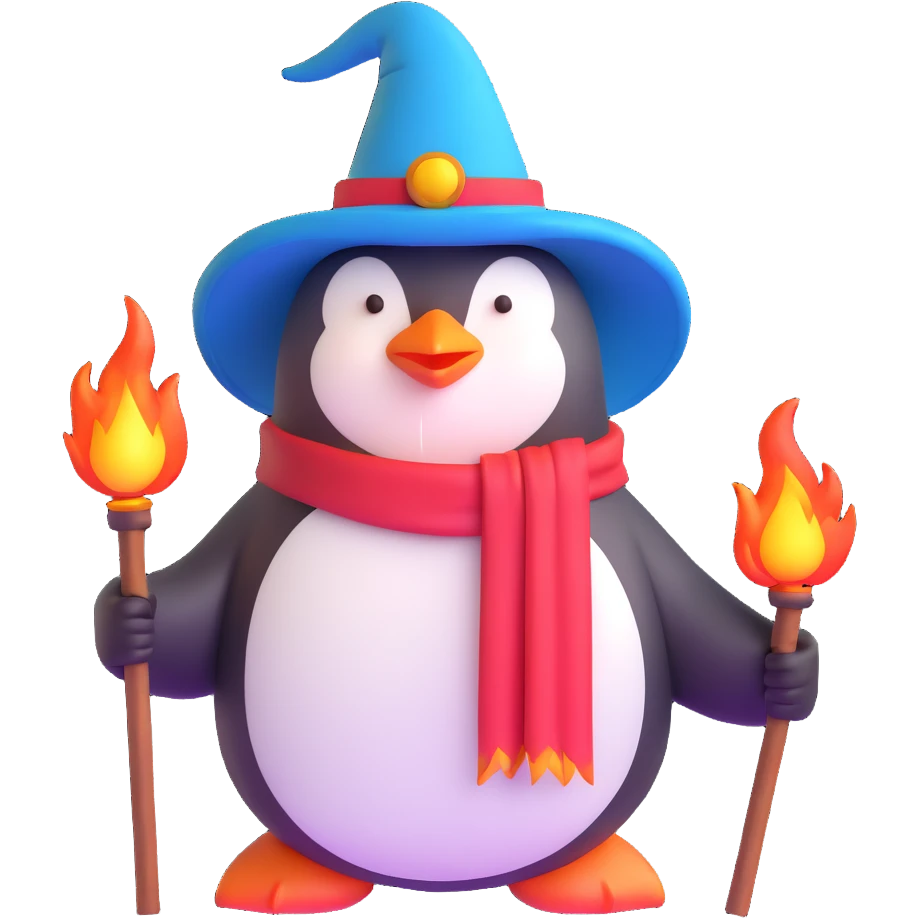 penguin wizard with fire staff and flames emoji