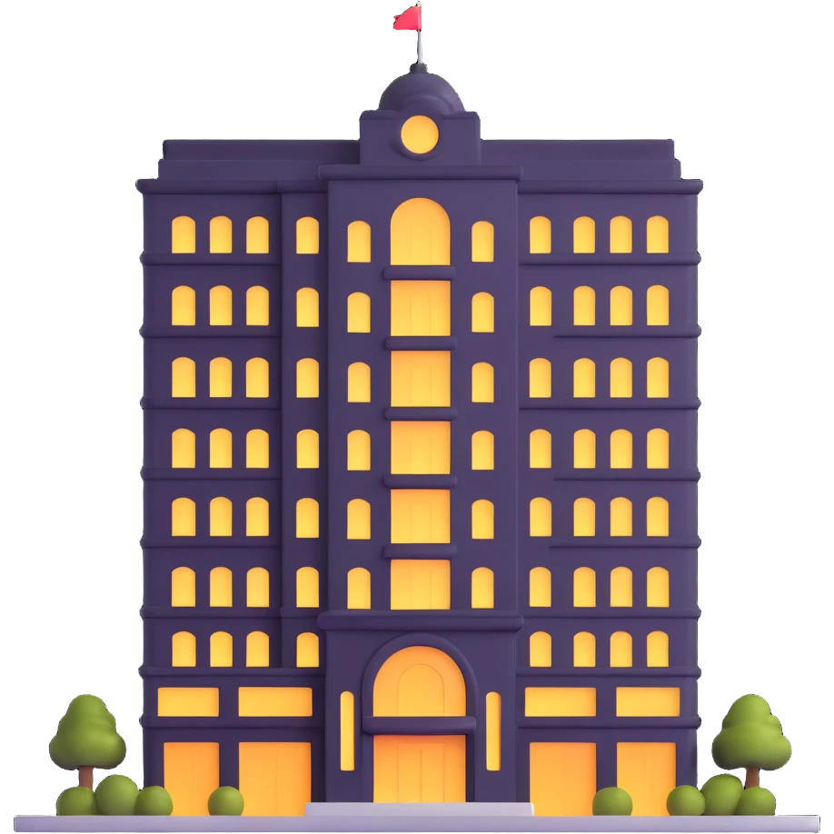 luxurious hotel building with lit entrance and many floors emoji