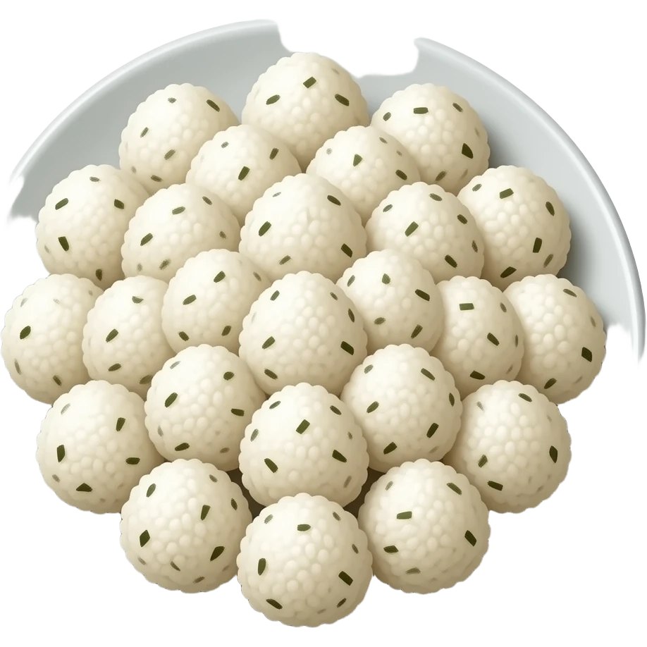many perfect round type riceballs(not onigri), the korean style jumeokbap, mixed in shredded seaweed flakes on dish emoji