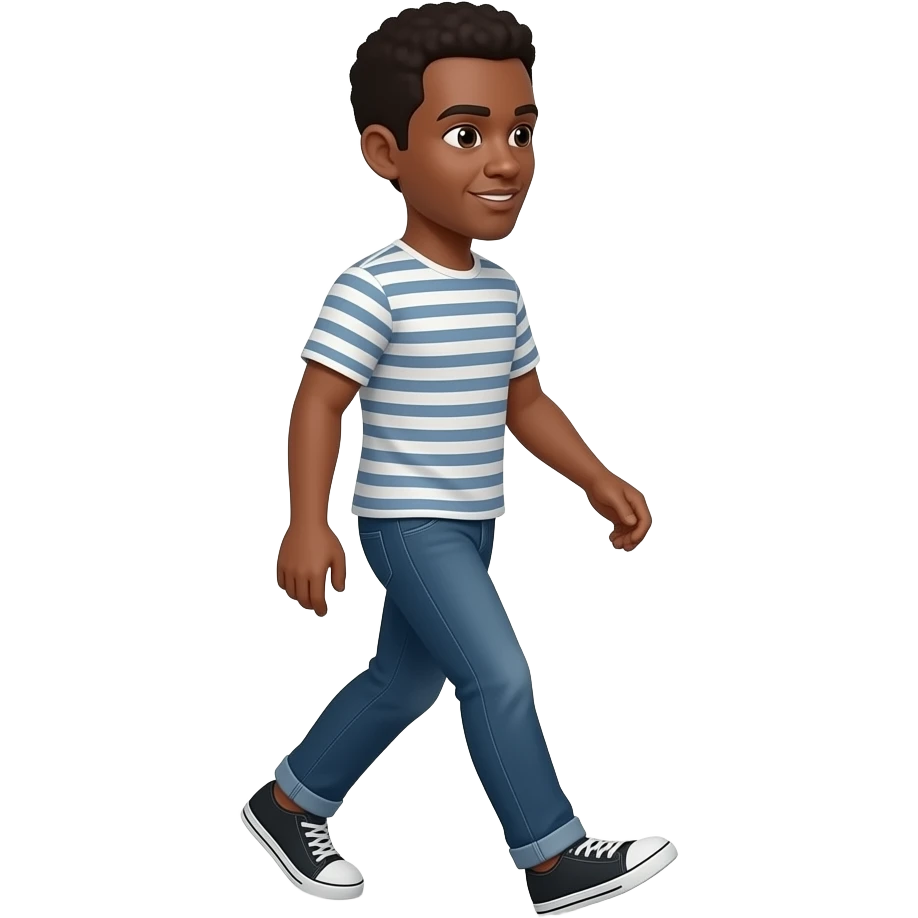 A male person with moderately dark skin,  walking in a faintly jaunty manner from right to left emoji