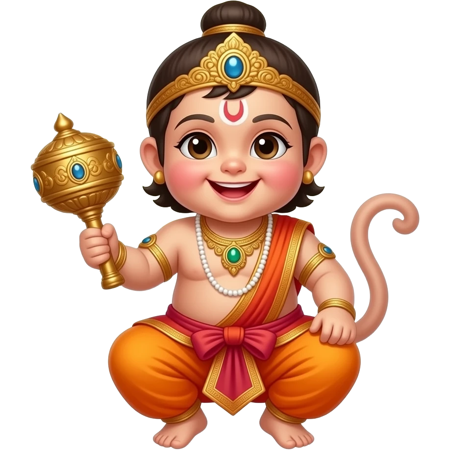 “Baby Lord Hanuman emoji, adorable chubby face, playful smile, tiny gada in hand, divine glowing aura, cute animated style, soft lighting, vibrant saffron costume, kawaii spiritual sticker design, ultra HD.” emoji
