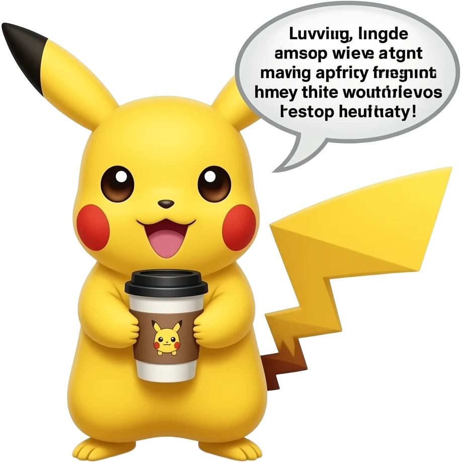 Pikachu, en train de boire un café qui dit dans une bulle n’importe quoi emoji