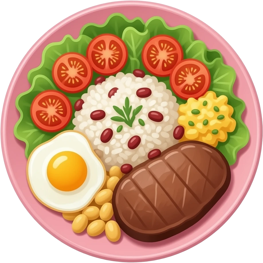 Prato de comida de porcelana rosa bebe bem fitnes, com salada de alface e rodelas de tomate cereja, arroz, feijão, ovo mexido e bife emoji