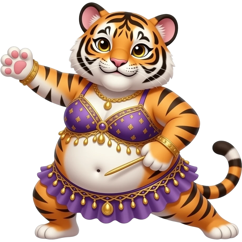 A chubby female tiger cub belly dancer,after a hefty brunch meal she is full & fat,Starting off with a stretch routine,she sticks out her plump tummy as far forward and downward as possible she can,then plays a slapping sound game on her fat tummy like drum solo,her bellybutton is poking out. emoji
