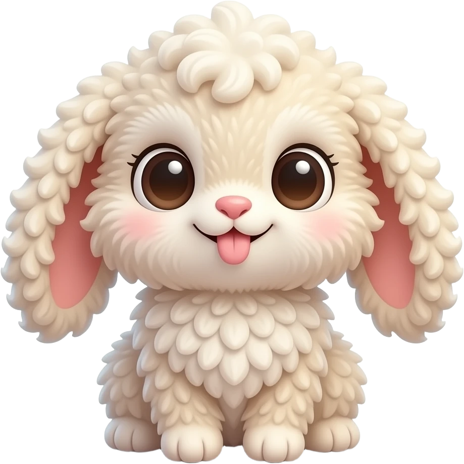 A cute fluffy toy rabbit sitting on a soft, huge sparkling eyes, curly fluffy fur, tiny pink tongue sticking out, cozy warm lighting, ultra adorable expression, detailed fur texture, soft shadows, kawaii aesthetic, high quality, centered composition emoji