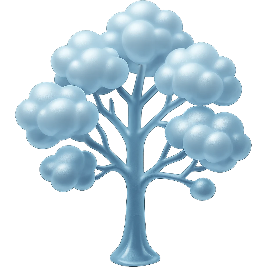 one tree with many branches and a white trunk, crown made of small very bright white fluffy convex clouds, matte glass style emoji