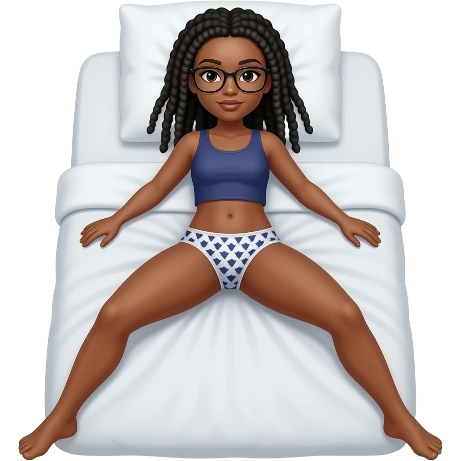 Black woman with black locs (with some gray) and glasses laying down in bed with legs open in panties emoji