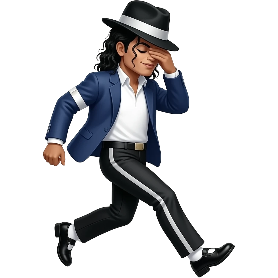Micheal jackson moonwalk while touching his hat and covering his face with hat covering his eyes also doing moonwalk emoji