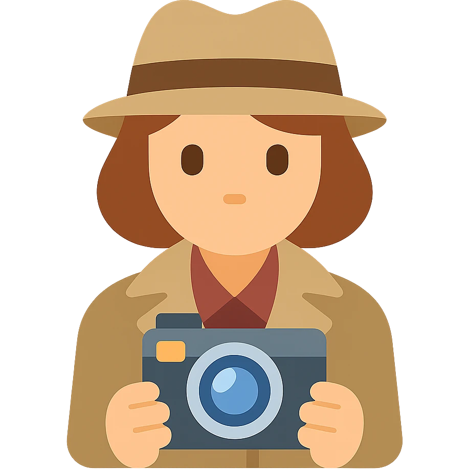 1930s private detective woman with vintage camera, colorful icon, simple and readable emoji