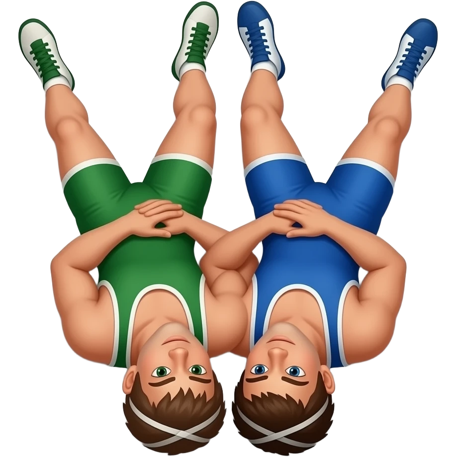 Erstelle ein Bild von zwei Wrestler in kurzen, knappen und engen Wrestler-suits, die beiden haben unterschiedlich Farben an (Grün und blau) und sie ringen liegend eng umschlungen miteinander auf dem Boden emoji