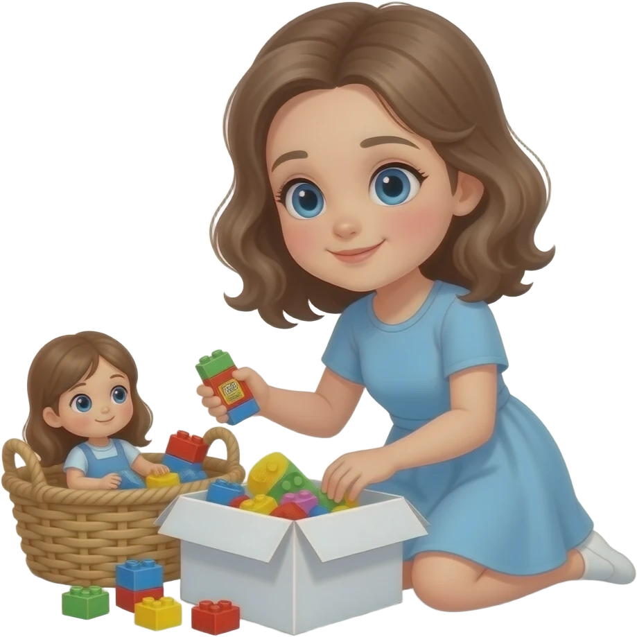 white girl with blue eyes shoulder length middle to tark blonde soft curls, putting in toys in white box, tidy up after play. in the basket there is a doll, lego and some other toys emoji