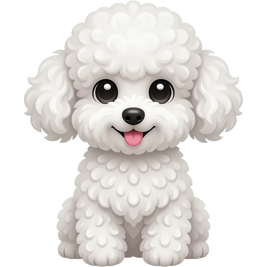 A cute fluffy white toy poodle sitting on a soft, huge sparkling eyes, curly fluffy fur, tiny pink tongue sticking out, cozy warm lighting, ultra adorable expression, detailed fur texture, soft shadows, kawaii aesthetic, high quality, centered composition emoji