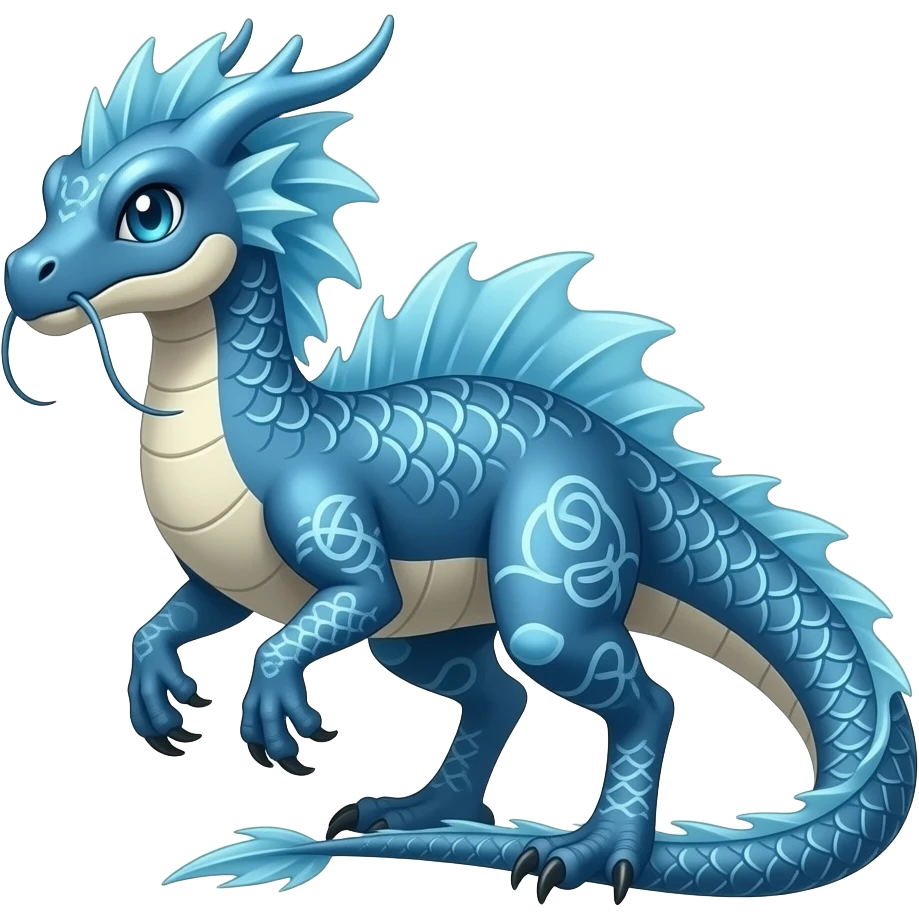 scaly shiny frilled raptorik finned patterned blue tribal-patterned digitigrade quadrupedal Vaporeon-Salandit-Glaceon-hybrid with long thin dragon whiskers emoji