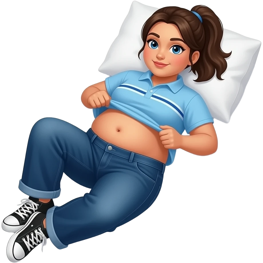 Obese Hispanic girl with brown ponytail and blue eyes light blue dark blue lined polo and dark blue baggy jeans and belly button and black and white sneakers laying down on the pillow in bed lifting shirt emoji
