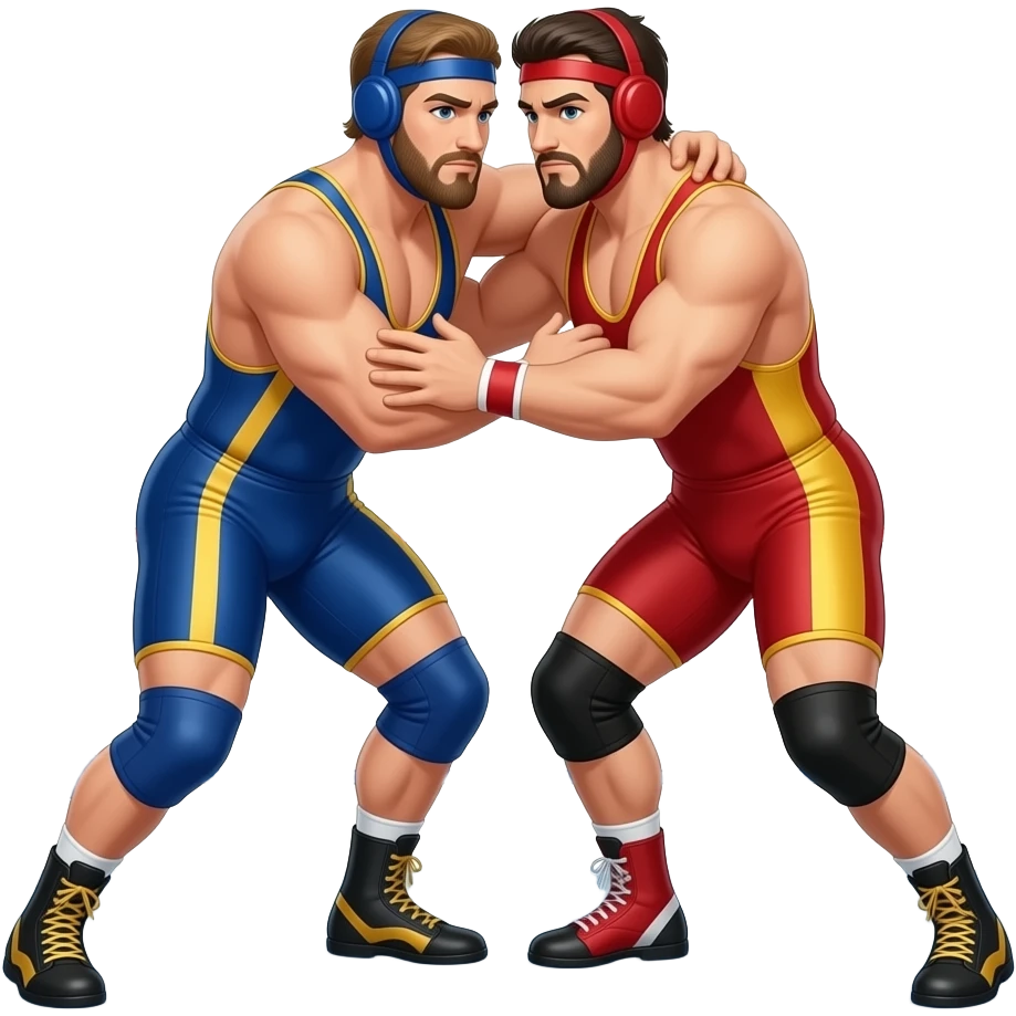 Erstelle ein Bild von zwei Wrestler in knappen engen Wrestler-suits, sie haben unterschiedlich Farben und sie ringen miteinander in einem Ringkampf emoji