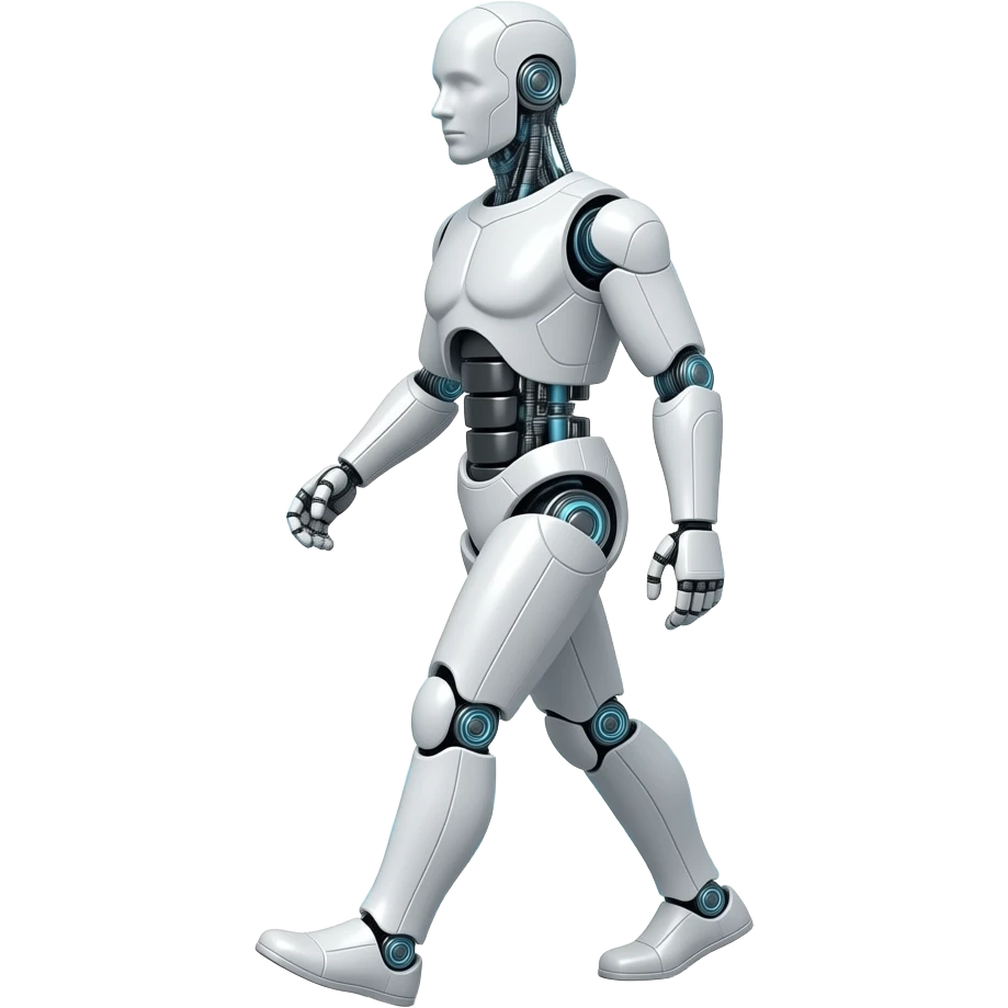 A walking, bipedal hologram projector made of sleek, matte-white ceramic armor plating. Its "head" and limbs are suspended by magnetic force, with a swirling vortex of blue digital code filling the empty spaces where joints should be emoji