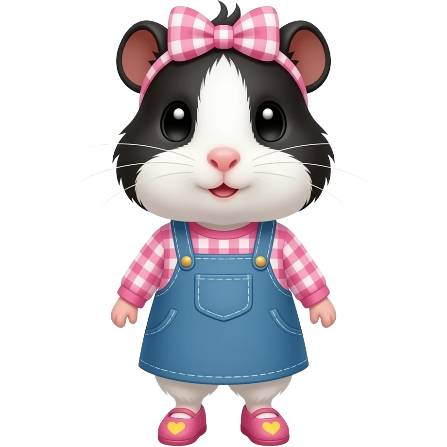 black and white guinea pig with pink long sleeve gingham shirt, jean dress, pink shoes with yellow hearts and a pink gingham bow in hair emoji