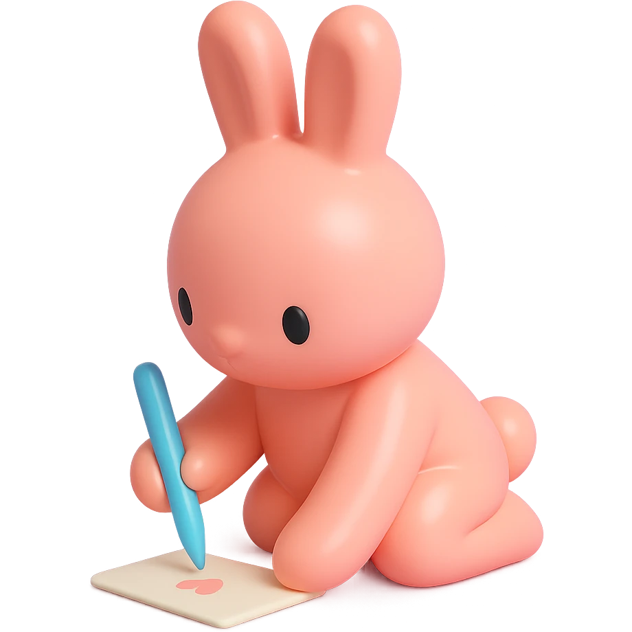 coral bunny kneeling while writing a love letter, vinyl figure style emoji