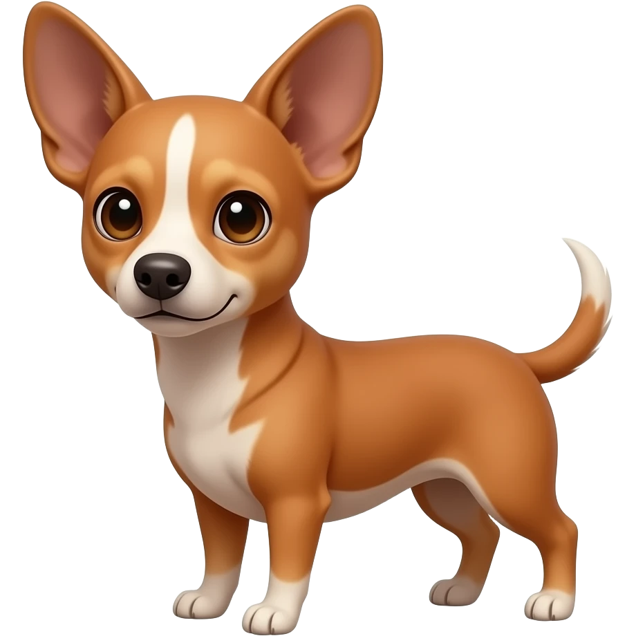 cachorro pequeno de pelo curto caramelo avermelhado, focinho fino com detalhes brancos, olhos grandes e expressivos, orelhas grandes e pontudas, aparência dócil e levemente desconfiada. estilo emoji fofo e minimalista. emoji