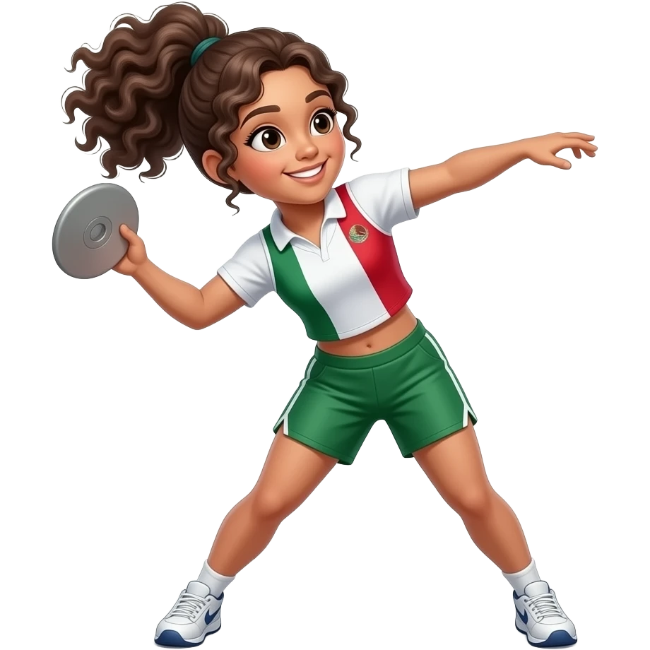 Mexican girl with brown curly hair in a ponytaily, wearing a track clothing thwoing a discus emoji