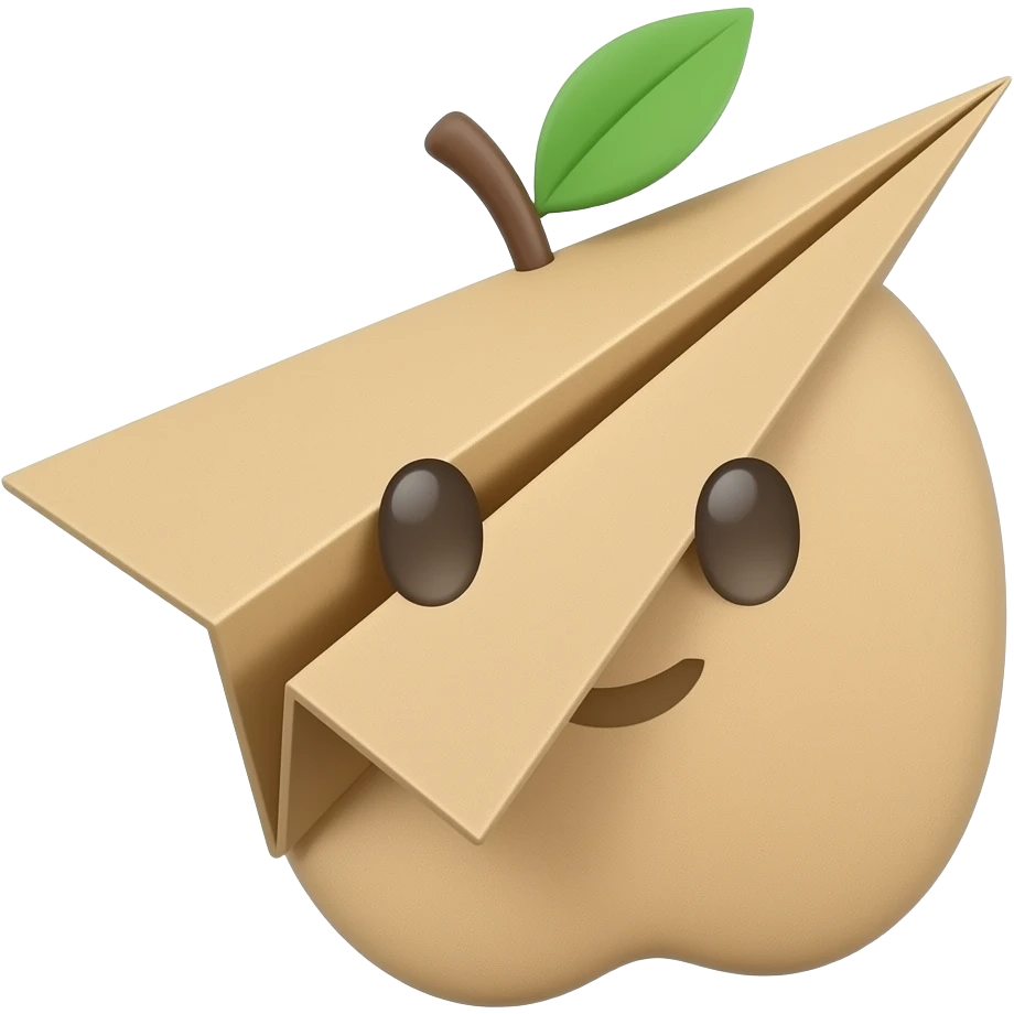 a cute 3D render of Paper Airplane made entirely of folded origami paper, sharp creases, cardboard texture, matte finish, visible paper grain, craft aesthetic, apple emoji style emoji